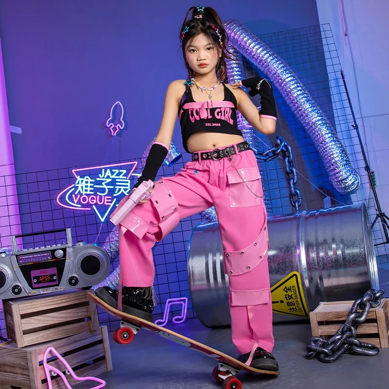 Kpop Cool Dopamine Girl Jazz Dance Clothes Children Performance Costume Suit Hip Hop Street Dance Pants Vest Stage Wear DQL9391