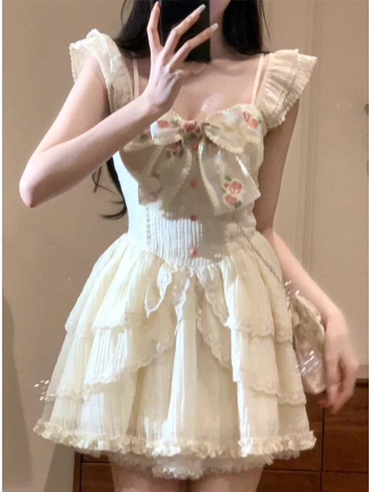 Sweet Kawaii Vintage Y2k Mini Fluffy Cake Dress Women Casual Lolita Lace Floral Bow Short Sleeve Dress Summer Evening Party Chic