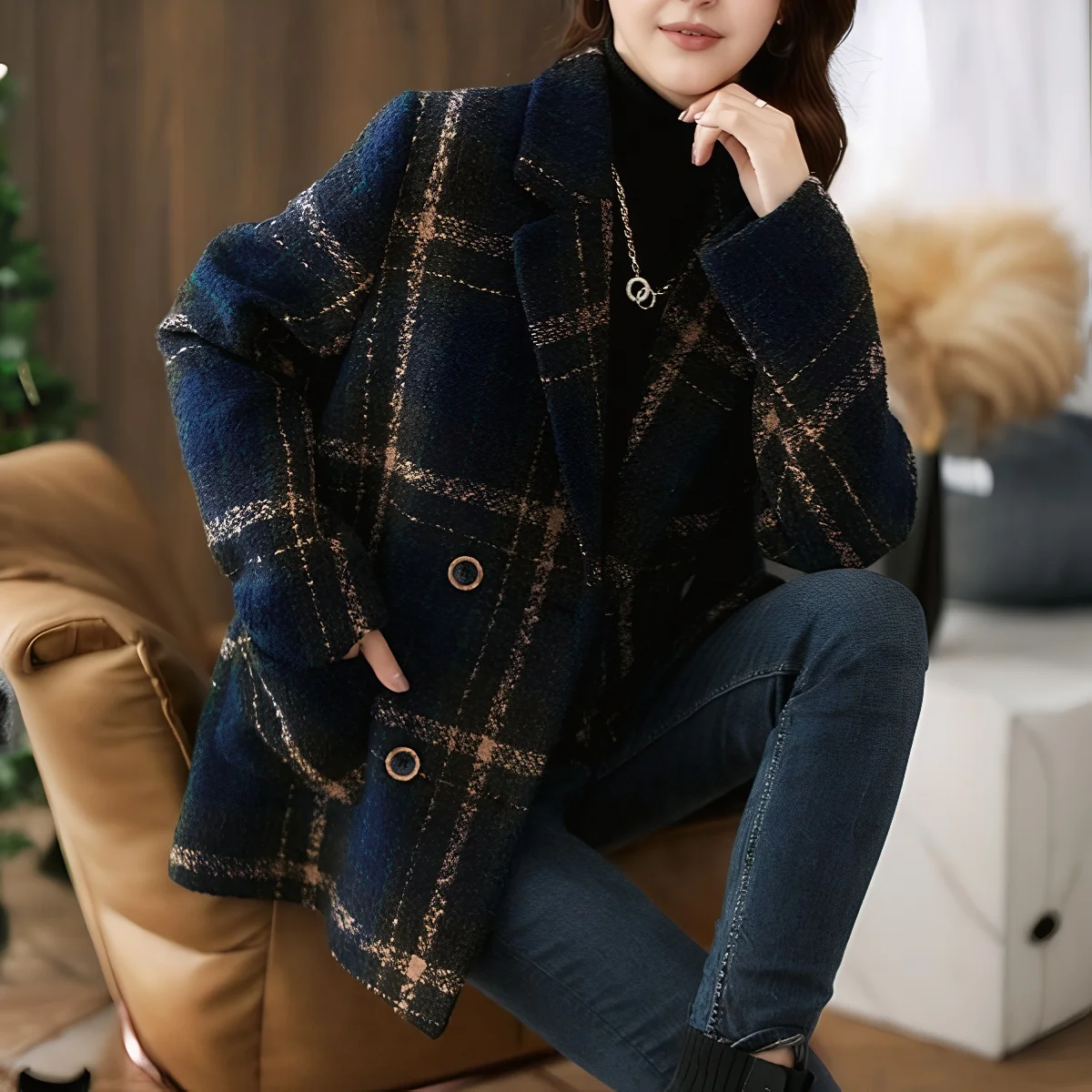 

Осень-зима, новинка Sle Faionable Briti, корейское свободное утягивающее ретро клетчатое универсальное шерстяное пальто, женская одежда