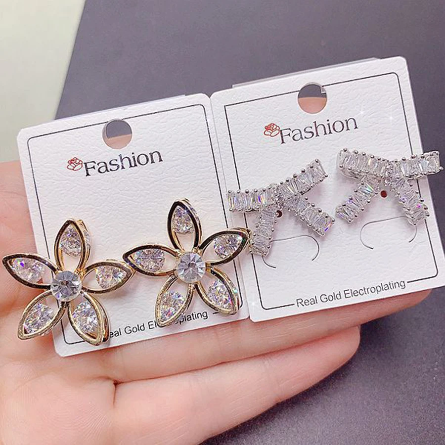 10 Pairs/Pack Luxury Zircon Inlay Copper Material Ladies\' Earrings Elegant Versatile Mixed Style Earrings Jewelry Gifts