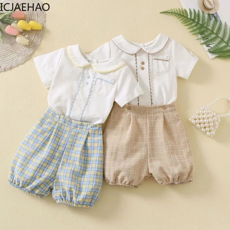 Baby Boys Clothes Boutique Sets Outfit Spanish Toddlers Clothing White Shirt Short 2pcs Plaid Pants Kids Casual Children Costume