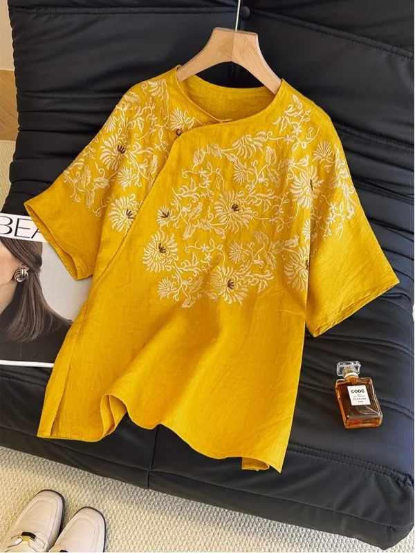 Nieuwe Chinese Sle Zware Borduren Vlas irt Grote Maat vrouwen Schuine Revers ronde Ne ort Sve Losse Veelzijdige Top Su...