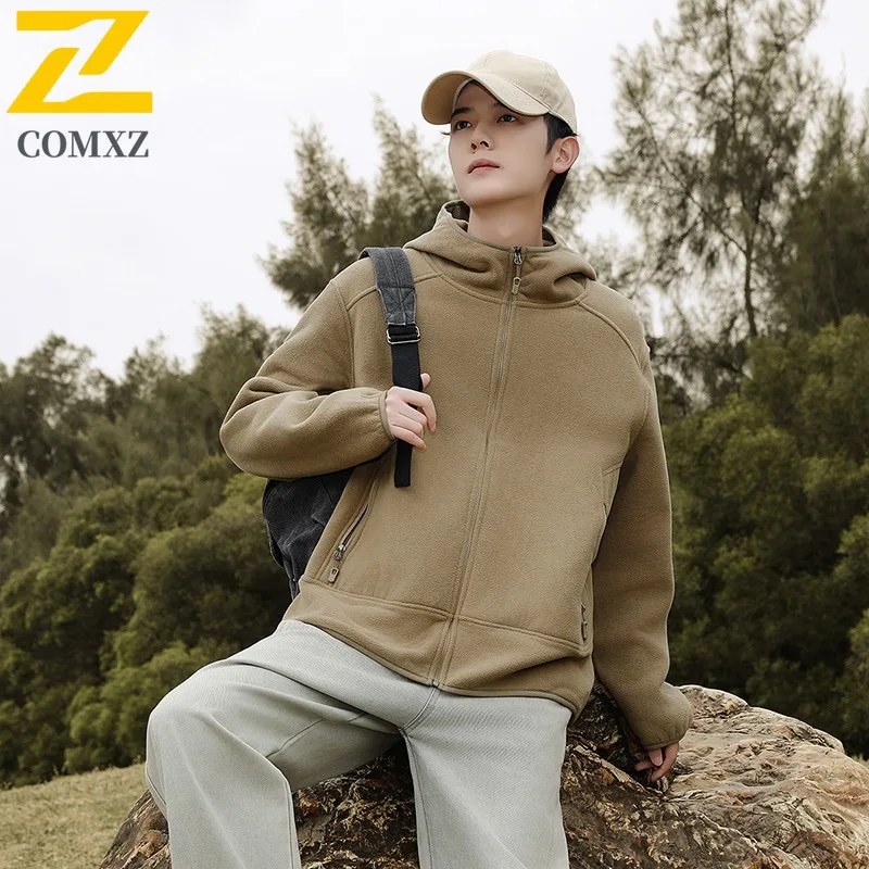 

COMXZ 2025 Men Women Fleece Hooded Sweatshirt Jacket Spring Autumn Winter Couple Casual Sporty Outdoor Trendy Thickened Coat