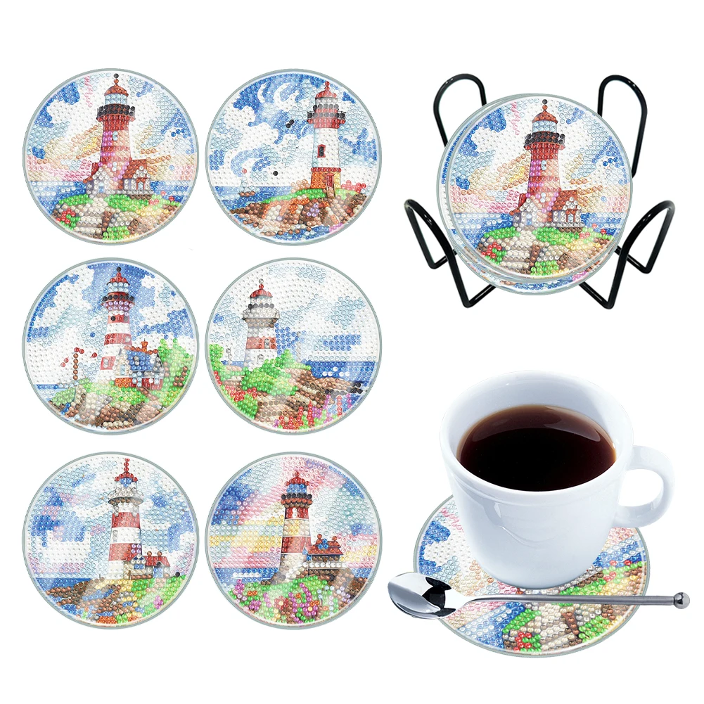 6PCS Diamond Painting Coasters Kits with Holder Acrylic Diamond Painting Art Coaster Kit Washable Diamond Painting DIY Coaster