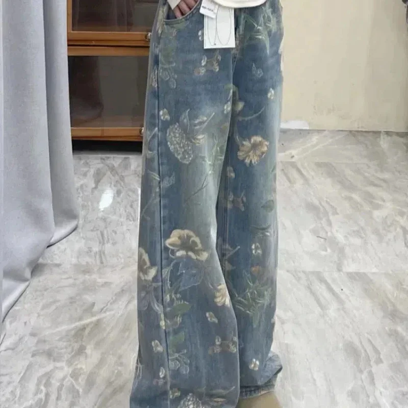 

American Style Niche New Chinese Style National Trend Print Design Jeans Women Loose Straight Floor-length Mopping Long Pants
