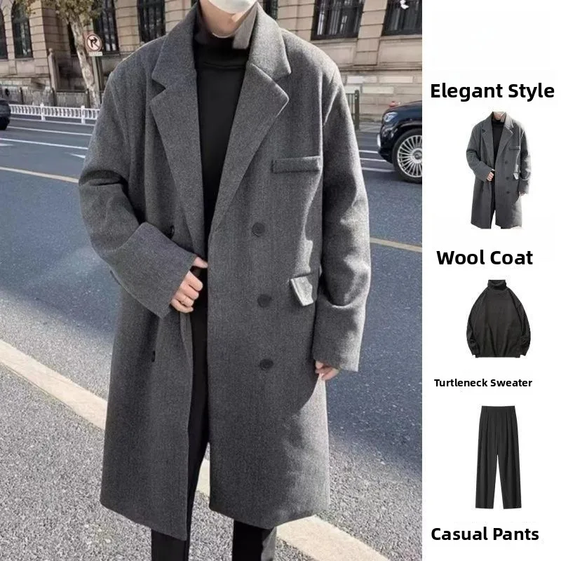 

Autumn Winter Men's Faion Suiting Coat Long Woolen Overcoat Double Breasted Suit Jaet Knee Length Trendy Outerwear