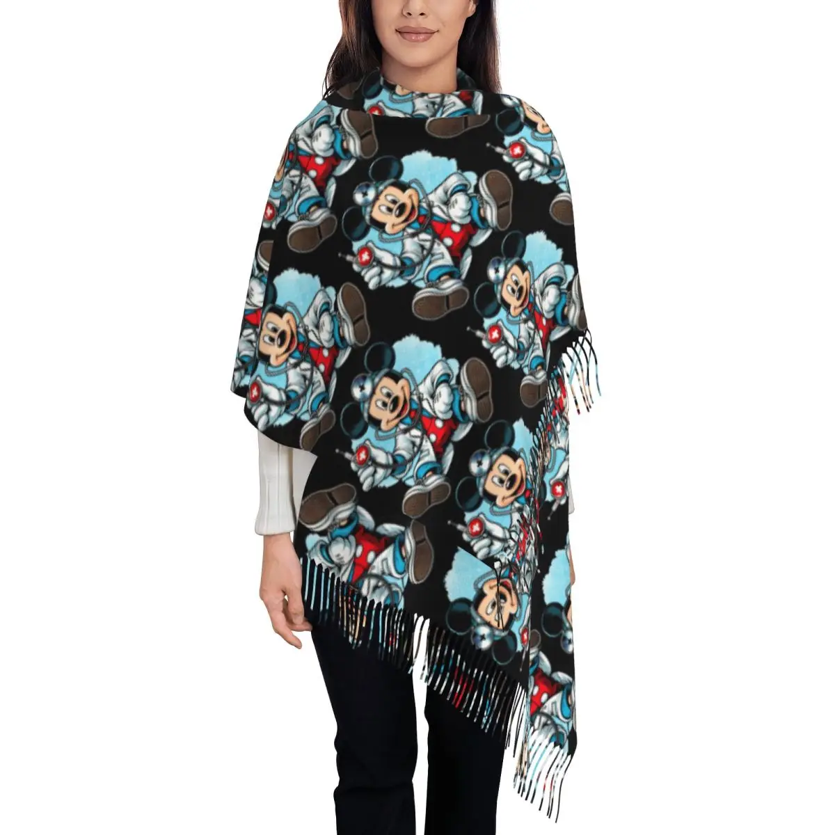 

Женские большие шарфы с Микки Маусом на заказ, женские зимние мягкие теплые шаль с кисточками, шарф
