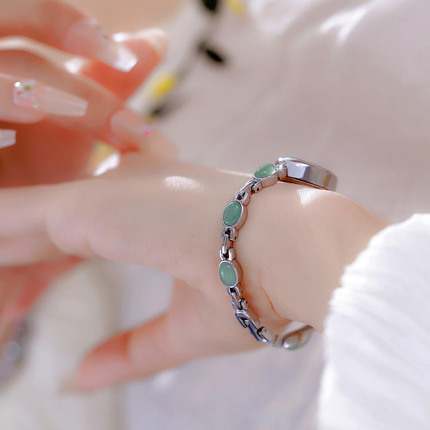 Relojes elegantes para mujer, pulsera de Jade de piedra Natural DongLing, reloj resistente al agua de lujo, reloj de mano plateado para regalos de mujer