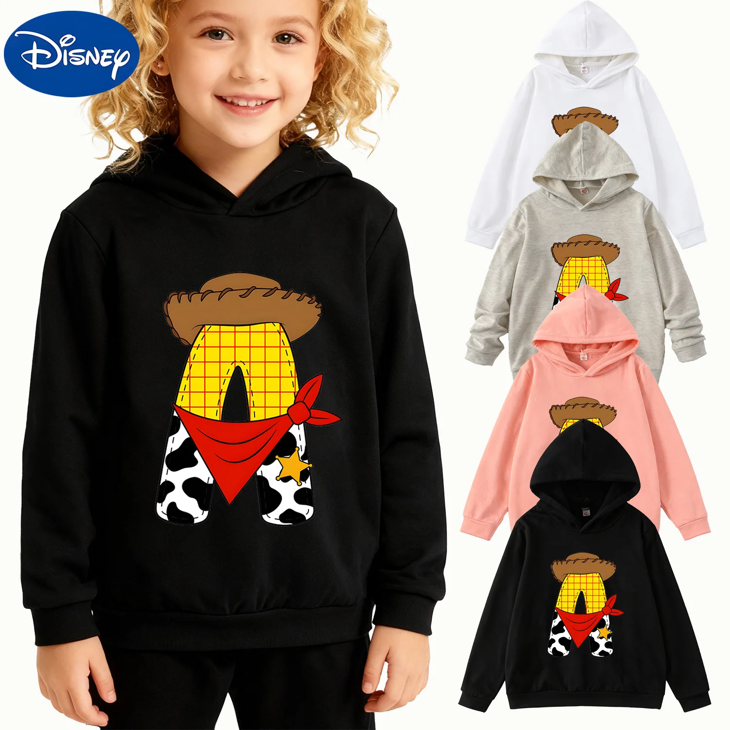 

Kids Disney Toy Story Woody Letter "A" Hoodie, Black Casual Pullover