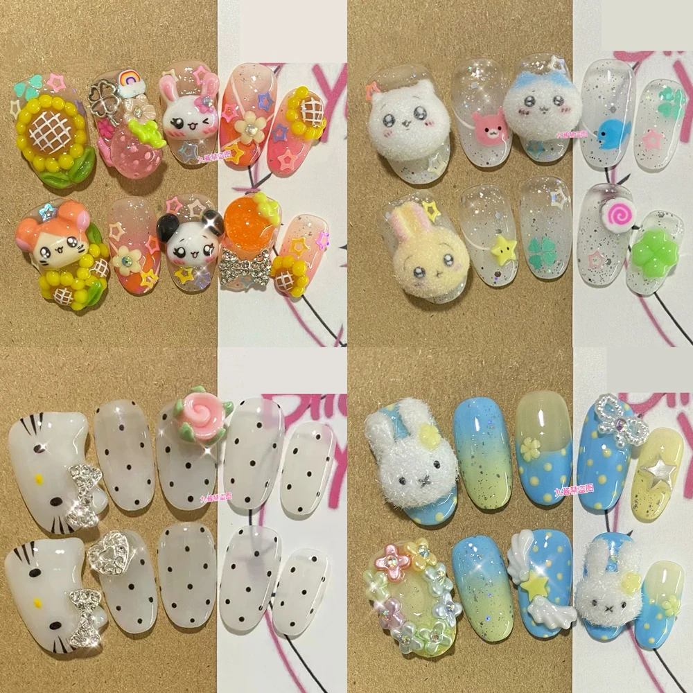 

3D Kawaii Cartoon Panda Hellokitty Long Coffin Short Square Ellipse Press On Nails Note Flowers Bow Rhinestone False Nails Gifts