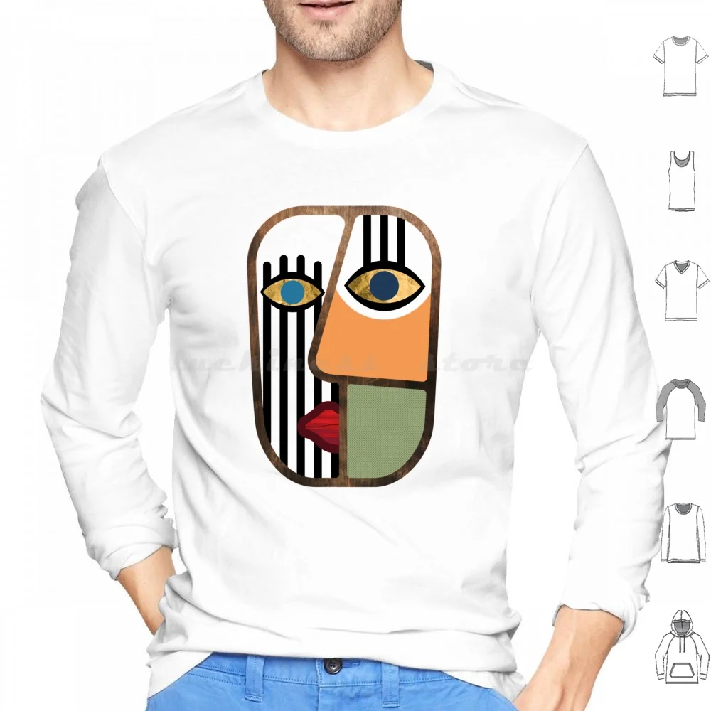 Abstract Cubism Mask Hoodie cotton Long Sleeve Abstract Face Portrait Picasso Cubism Shapes Outlines Texture Wood Gold Foil