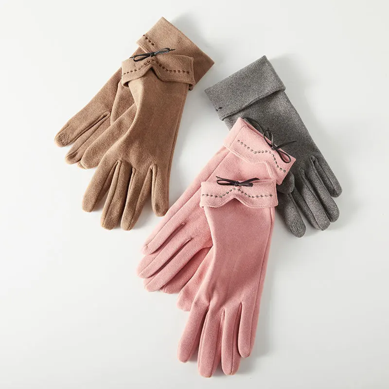 

Autumn Winter Women Thin Section Keep Warm Touch Screen Single Layer Windproof Cycling Bowknot Embroidery Cute Lovely Gloves