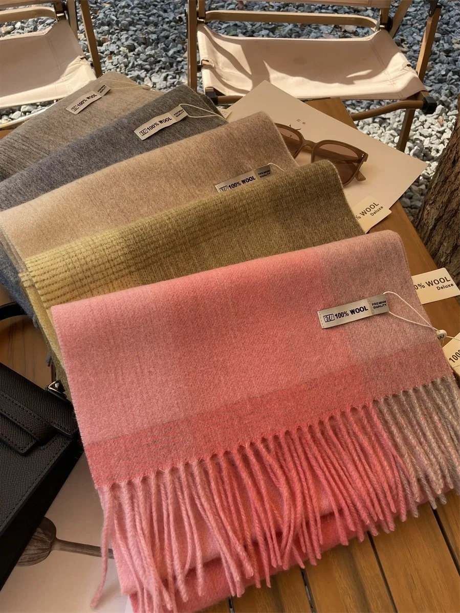 Echarpe-longue-100-pure-laine-a-carreaux-pour-femme-chaude-style-coreen-avec-pompons-pour-l'hiver-le-printemps-et-l'automne