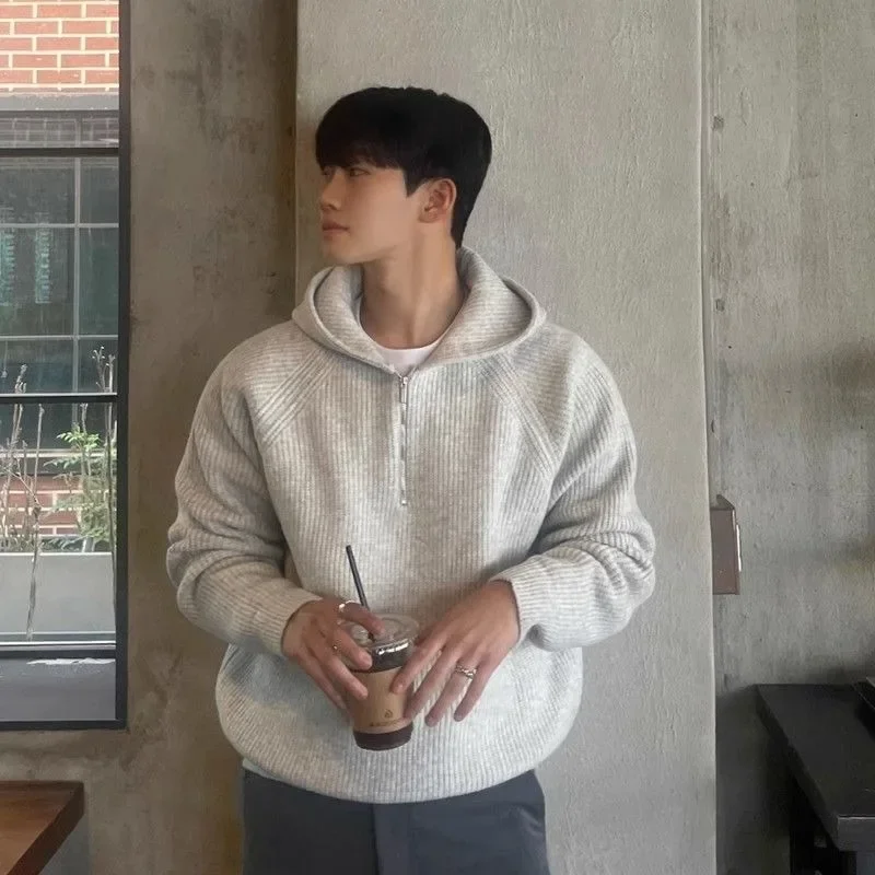 Men's Hooded Sweatshirt Knitting Solid with Zipper Male Hoodie Clothing Deals Cotton Vintage Luxury Y2k  Tops Simple Warm WT78