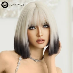 7JHH WIGS Short Straight Ombre Blonde Bob Wig for Women Daily Party Natural Fashion Synthetic Black Hair Wigs with Fluffy Bangs
