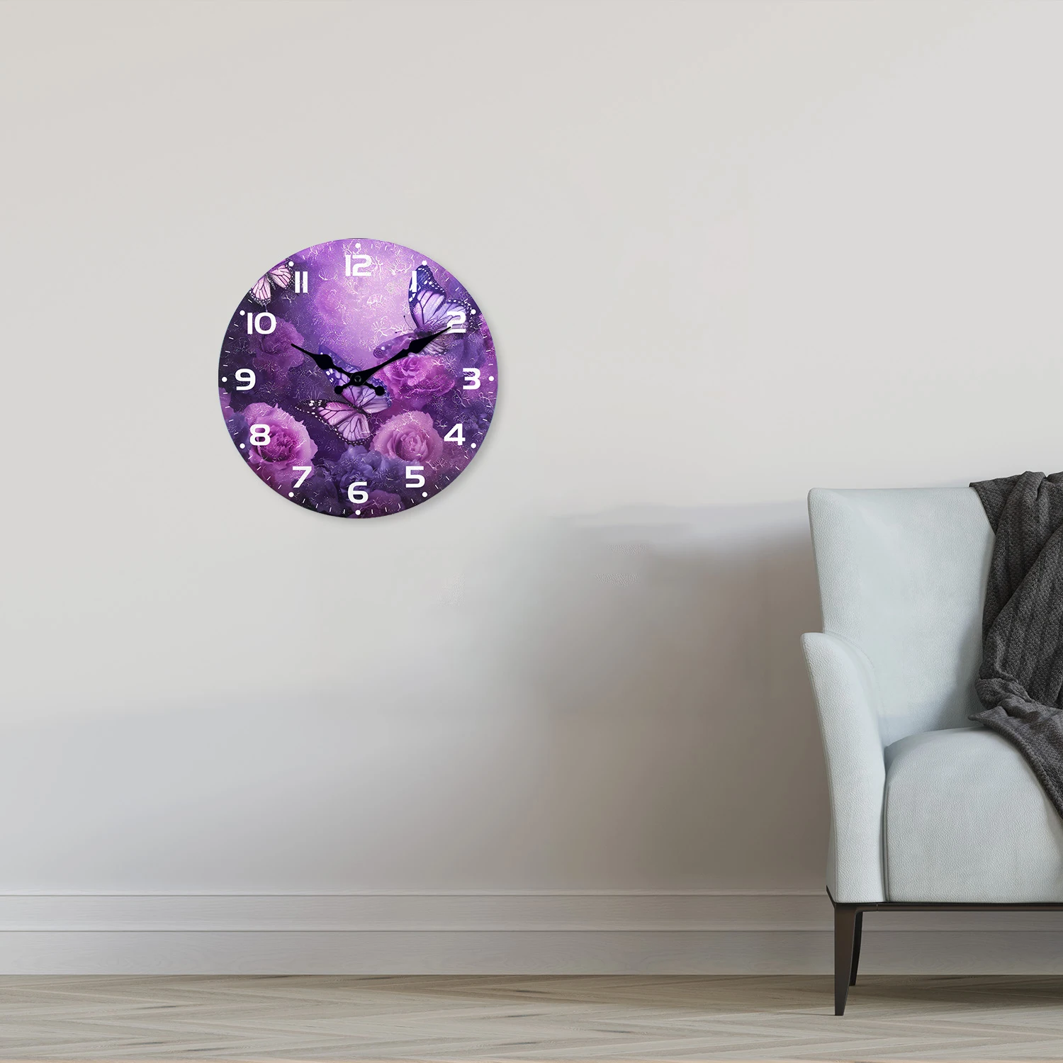 Personalized Purple Flower Butterfly Pattern Wooden Wall Clock Living Room Bedroom Kitchen Home Decoration Wall Clock Silent Quartz Clock Holiday