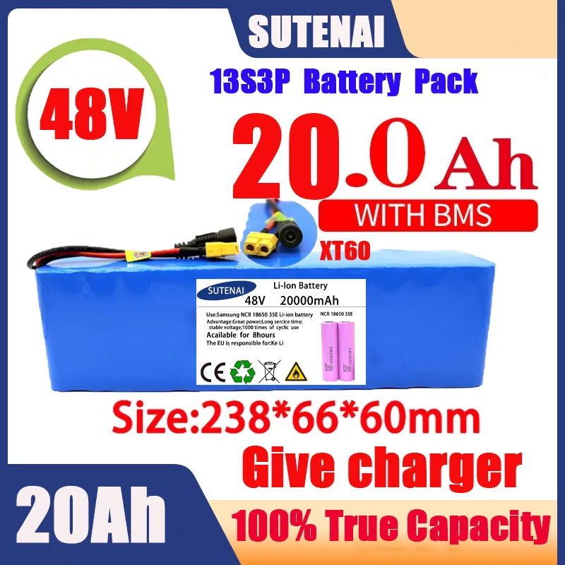 

Powerful 48V 120000mAh 1000w 13S3P XT60 120Ah Li-ion Battery for 54.6V Scooter Electric Bike with BMS Charger