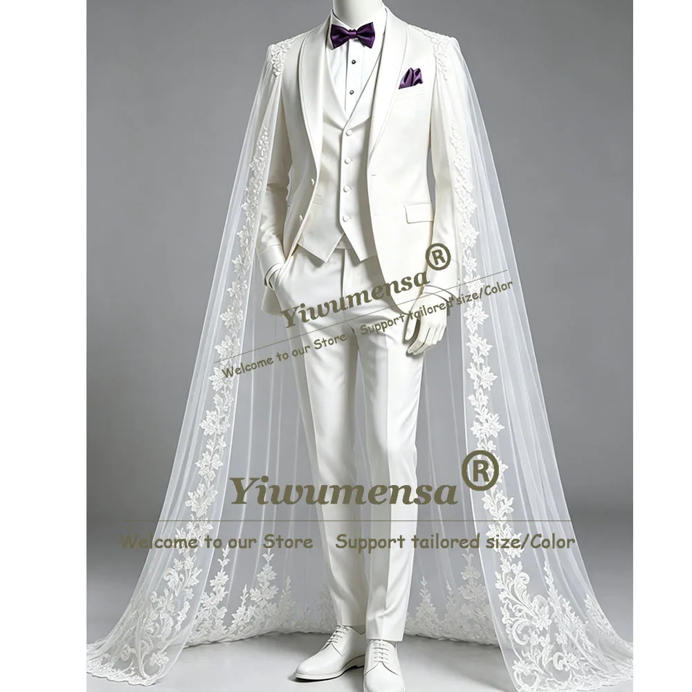 Exclusive Design Stage Suits Men Formal Wear Single Breasted Prom Blazer With Applique Tulle Cape Long Customized Groom Tuxedo