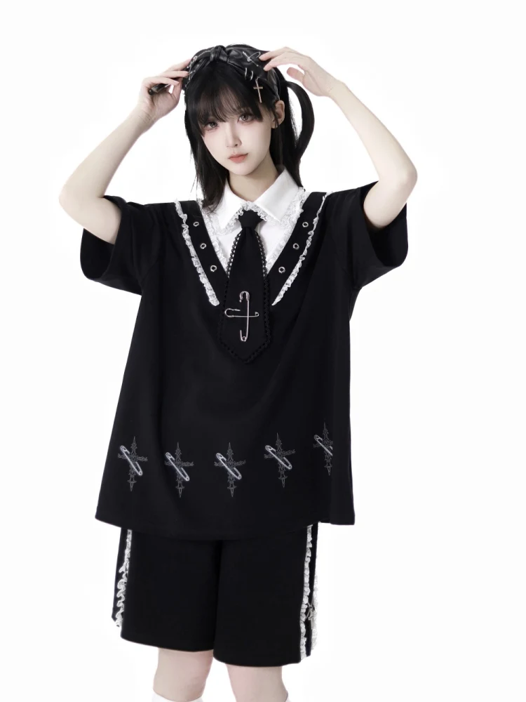 Japanese Girls Kawaii Short Dress Summer 2025 New Student Sweet Cool Cartoon Print Long Hooded T-shirt Shorts 2-piece Streetwear