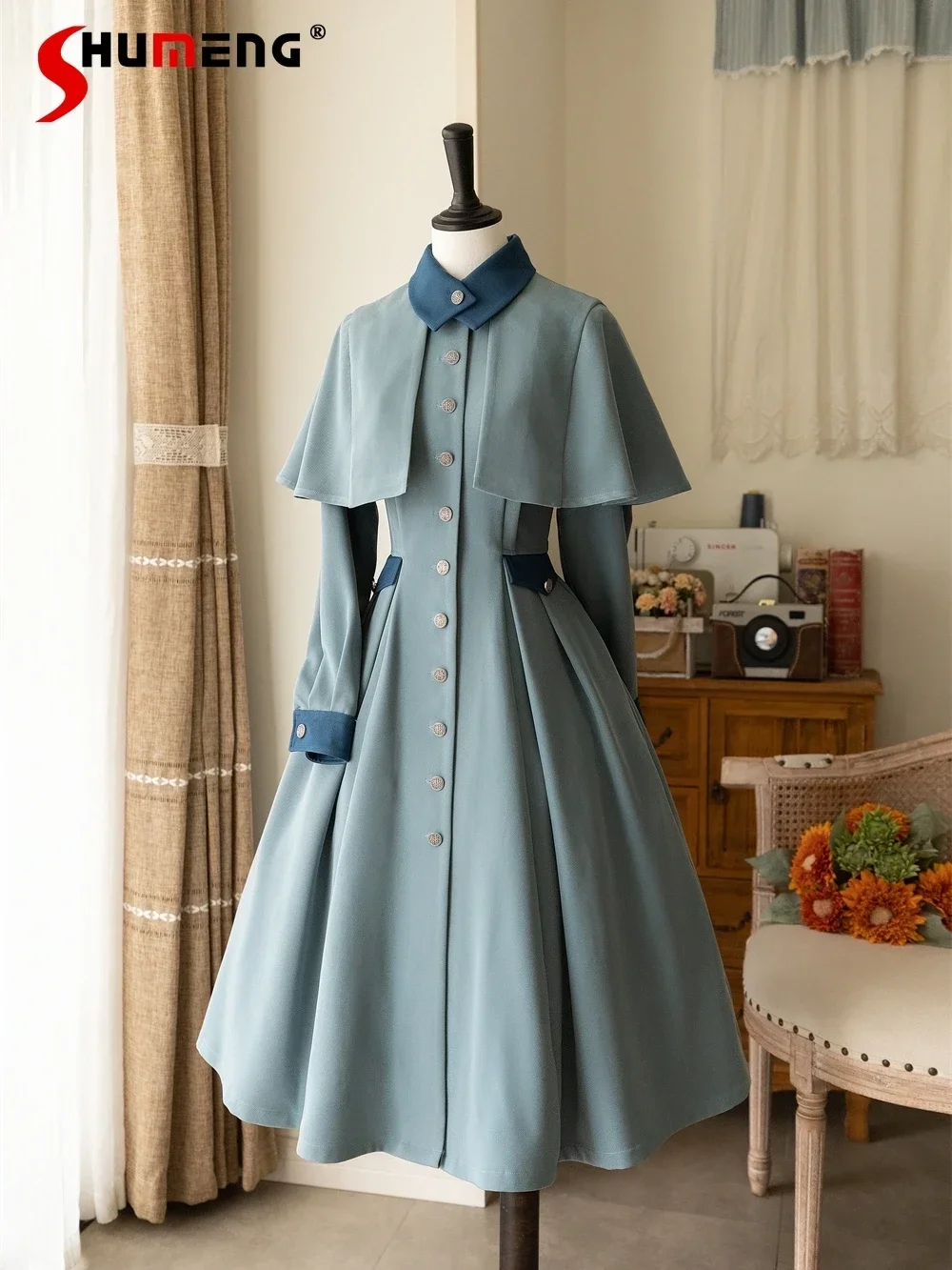 

Original Retro Exquisite Lolita Dress Women Autumn Winter Elegant Vintage Slim-Fit Long Overcoat Preppy Long-sleeved Dresses Op