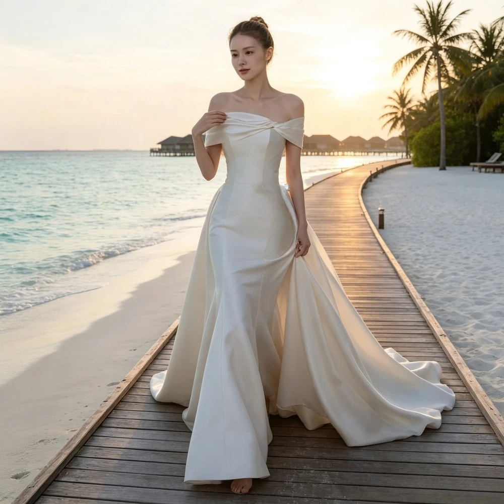 Customized Simple Satin Off Shoulder Mermaid Wedding Dress Slim Fit with Cathedral Tail Luxury Bridal Gown Suitable for Parties