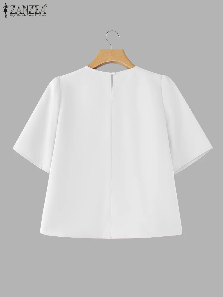 ZANZEA blusa plisada Color sólido Tops de manga corta 2025 mujeres Casual verano playa túnica cuello redondo suelto Blusas de gran tamaño jerseys
