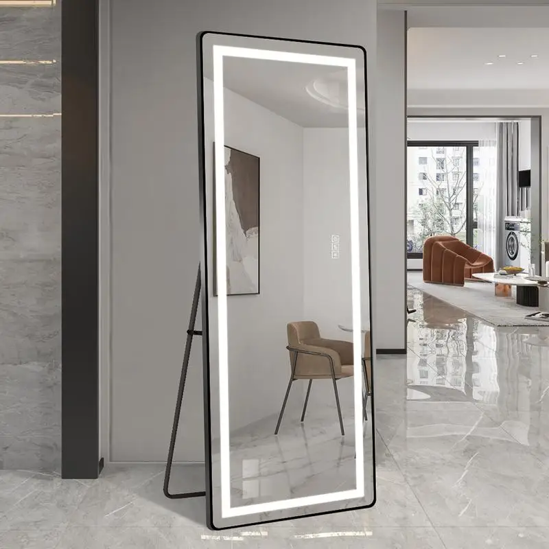 

64"x21" Full-Length Vertical Mirror with LED Light - Illuminated Floor Mirror, Dimmable Wall Mirror, Slim Aluminum Frame, Black