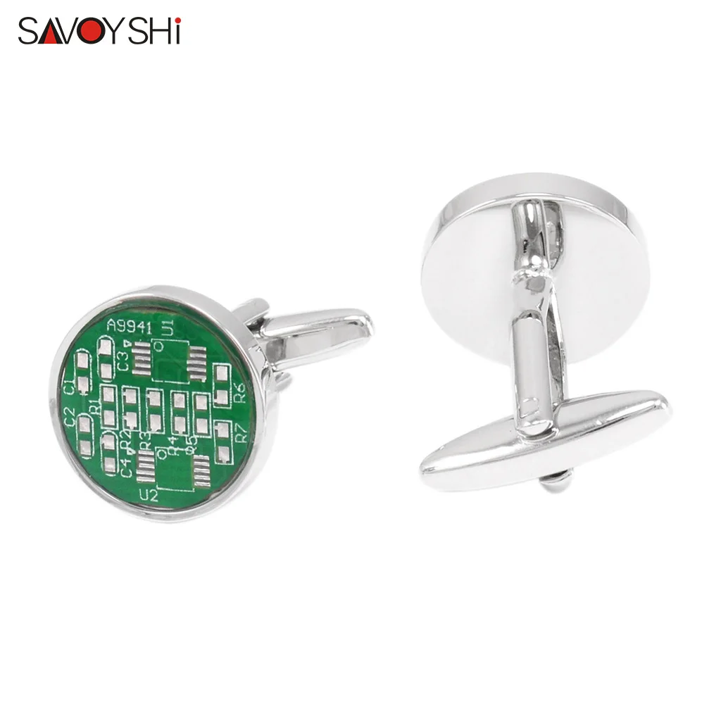 SAVOYSHI Newest Real Circuit Board Cufflinks For Mens Shirt Cuff buttons High Quality Round Cuff links Gift Free Engraved Name