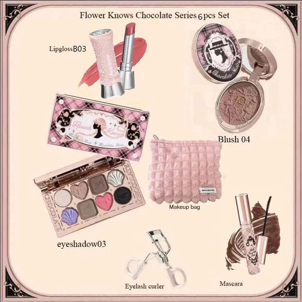 Flower Knows Chocolate SWEETIE BEAR Makeup Set Eyeshadow Palette Matte Lip Mud Blush Long Lasting Black Mascara Cream Original