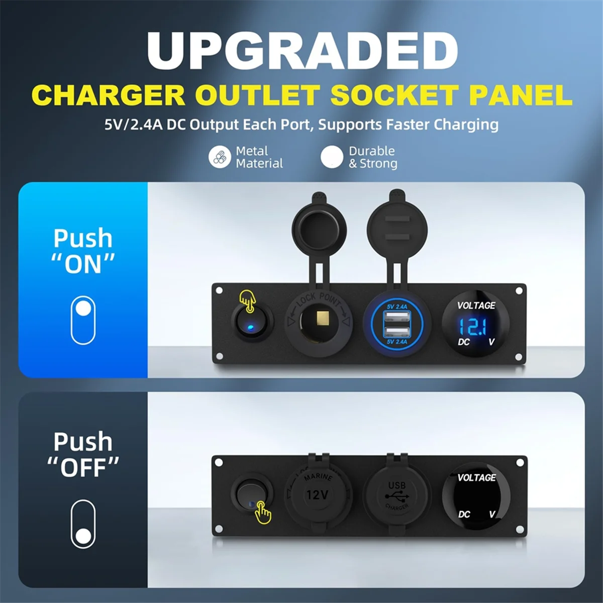 

Новая USB-панель 4 в 1, 12 В + светодиодный вольтметр, двойная USB-разъем для зарядного устройства, розетка для прикуривателя и панель переключателя Toogle, синяя