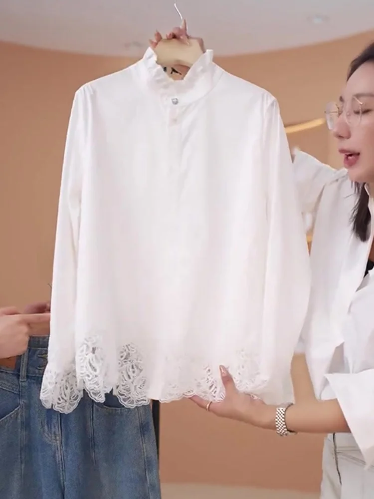 Ele Lace Splice Long Sve irt Damen Faionable Frühherbst-Design Einfaches, bequemes Oberteil, gerader Schnitt, reine Farbe