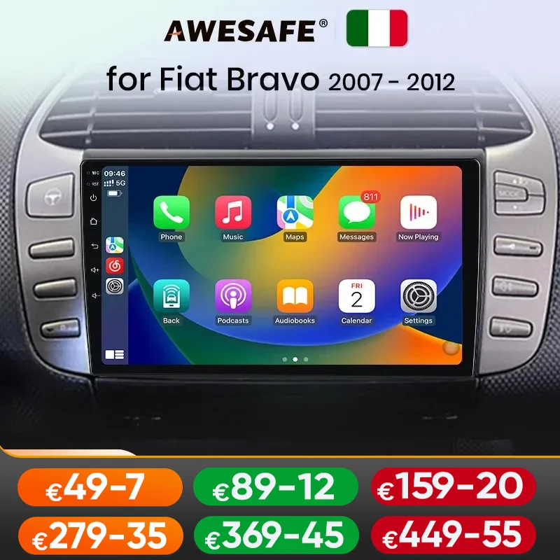 AWESAFE Wireless CarPlay for Apple Android 13 Auto Radio for Fiat Bravo 2007 2008 2009-2012 Multimedia Screen Stereo GPS RDS DSP