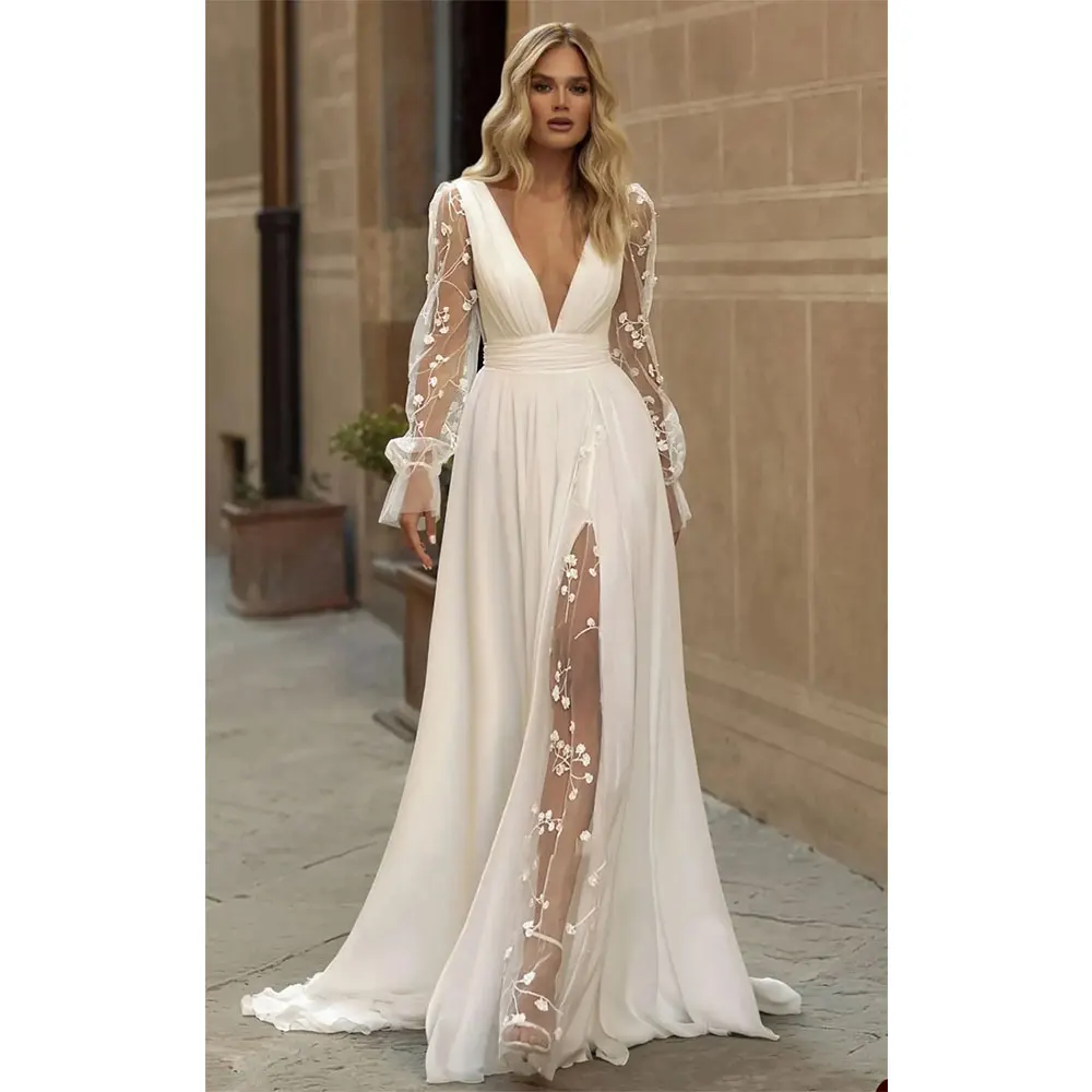 Vestidos de novia de playa bohemios elegantes, vestidos de novia con cuello en V, vestidos de novia transparentes de manga larga con abertura lateral, Vestido de novia hecho a medida de talla grande