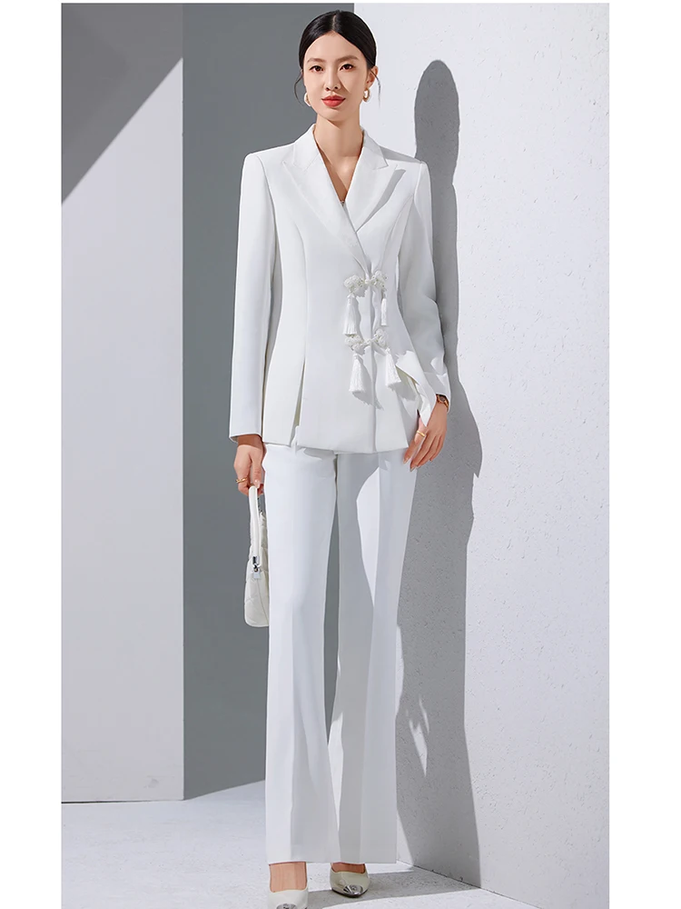 ZJYT Chinese Style Women Jacket Pant Sets Two Piece Elegant White Black Outfit Business Formal Blazer Suits Trousers Office Lady