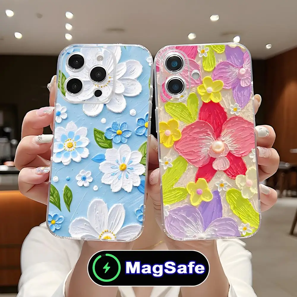 

Чехол для телефона с рисунком цветов в стиле масляной живописи для iPhone 17 16 15 14 13 12 11 Air Pro Max Plus Mini Magsafe, прозрачный, цветной, люксовый