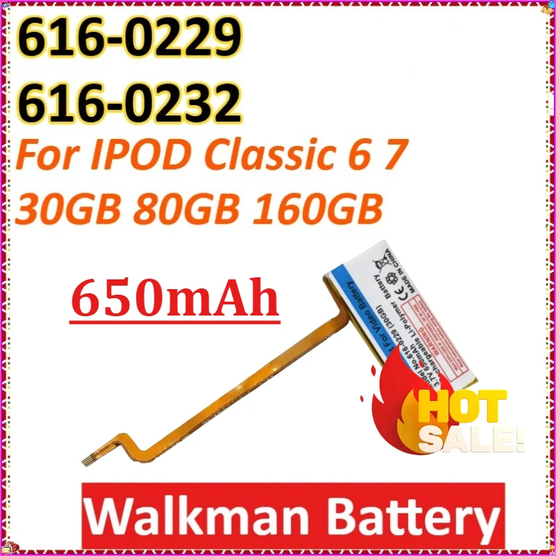 

For IPOD Classic 6 7 30GB 80GB 160GB Newly Upgraded High-Capacity Replacement New 616-0229 616-0232 650mAh Walkman Battery
