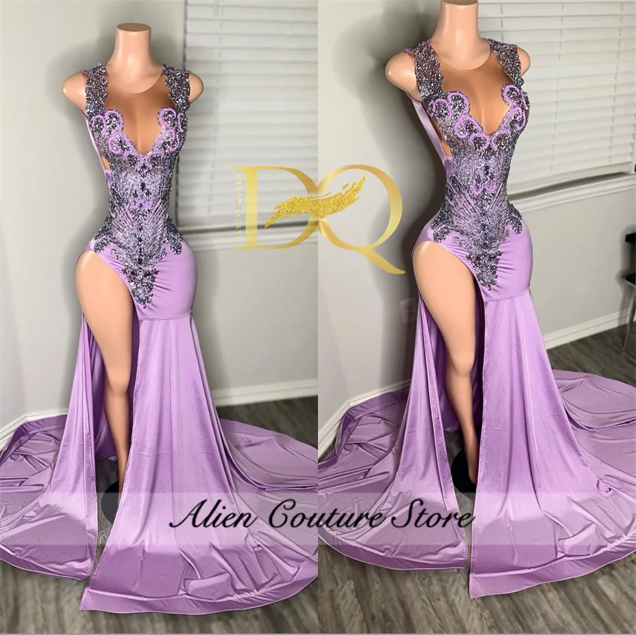 Exquisite Lavender Purple Long Mermaid Prom Dresses Glitter Beading Crystals Birthday Party Gown Diamonds Vestidos Customized 