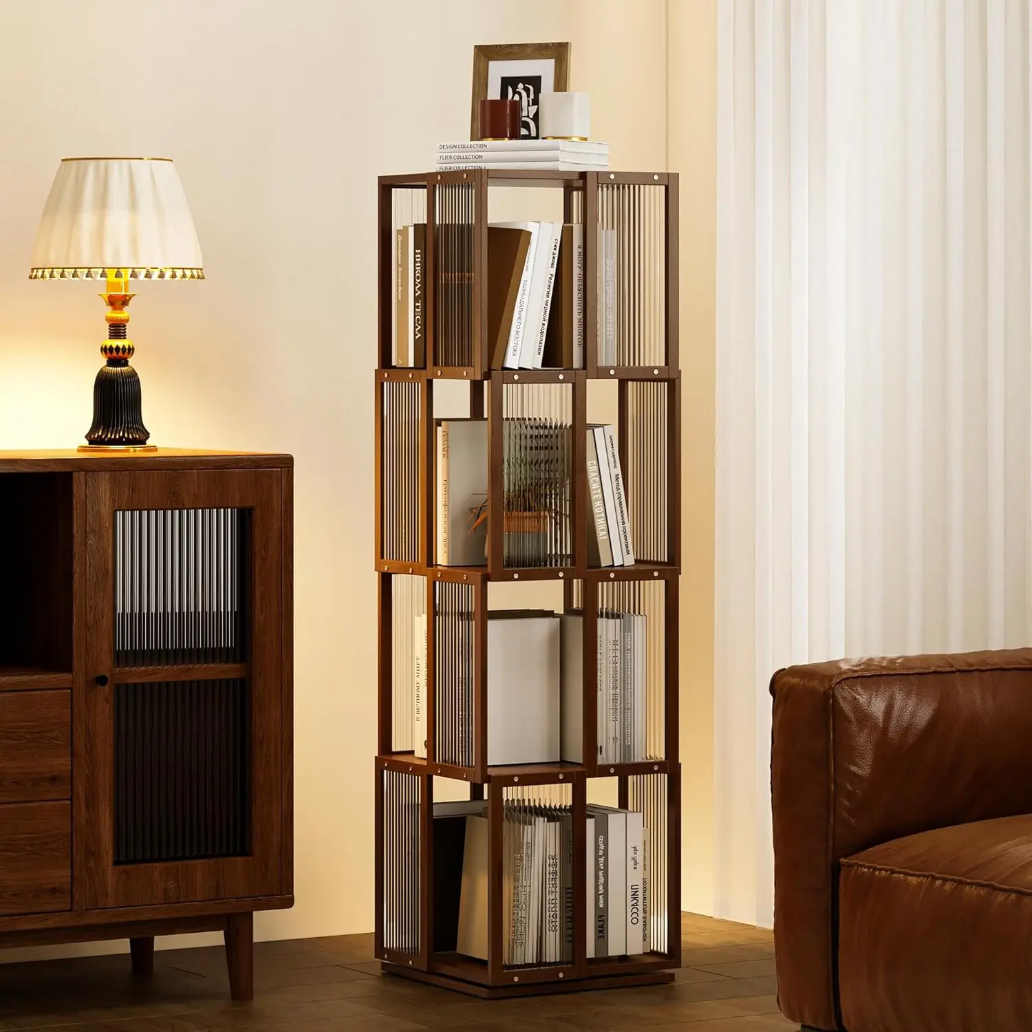 

Rotating Bookshelf Tower 4 Tier, 360 Spinning Bookcase with Solid Wood Frame & Bamboo Finish, 4-Component Easy, Customized