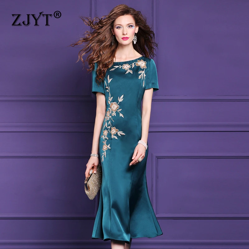 

ZJYT Summer Fashion Floral Embroidery Dress Women Elegant Vintage Midi Mermaid Evening Party Dresses Plus Size Clothing Vestidos