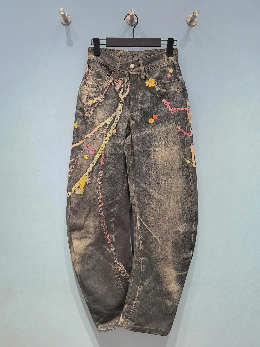 

New Summer 3D Print Chain Embellished Long Pants, Candy-Colored Denim Jeans