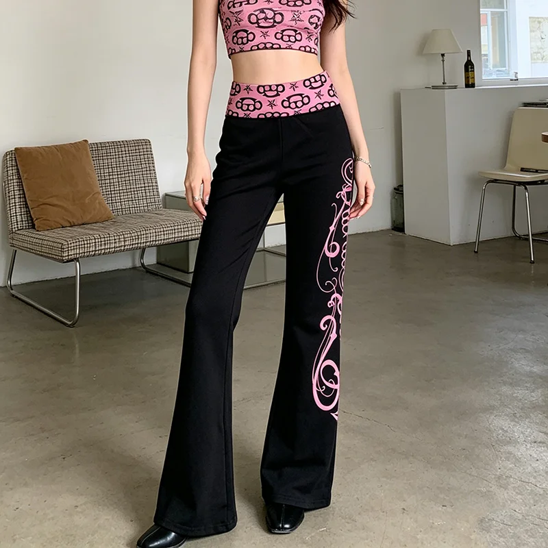 New Retro Contrasting Abstract Pattern Micro Flared Pants with Elastic Waistband and Hip Black Casual Pants for Women