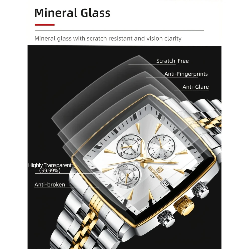 REWARD 81100M Luxury Steel Strip Quartz Men's Watch Square Waterproof Calendar Chronograph Luminous Watches for Men Reloj Hombre