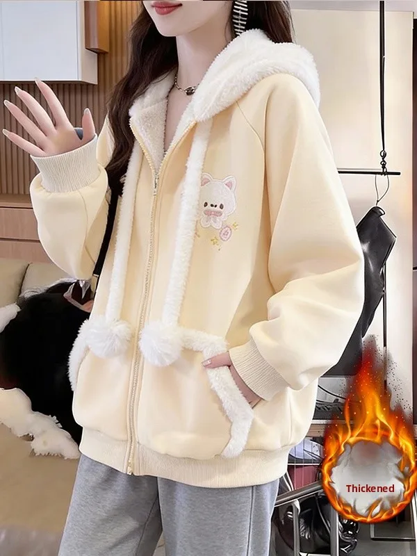 

Lamb Fur Jacket Thickened Winter Coat for Teenage Girls High School Students Baseball Style Cotton Clothes Casual Loose Fit