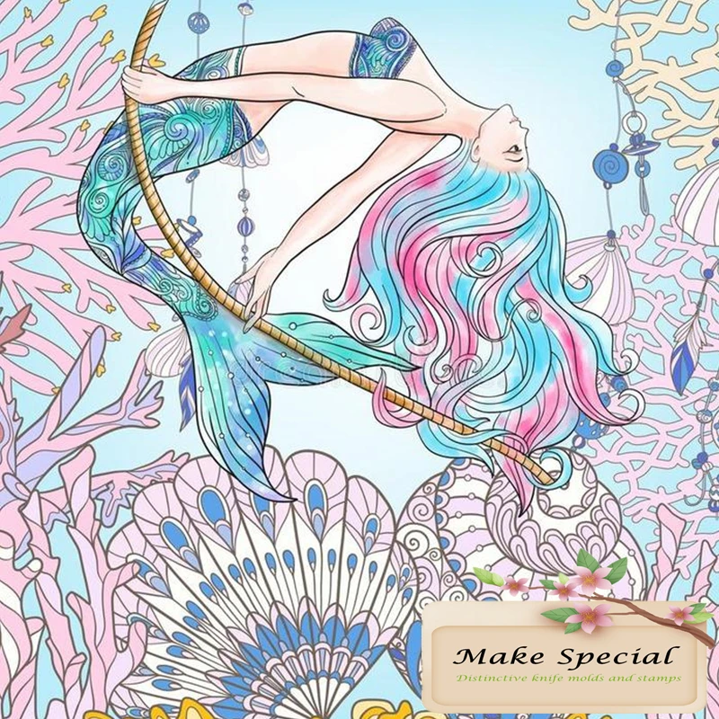 女の子の人魚と貝殻のクラフトカード、海の背景、クリスマスハロウィーンとイースターのクラフトカード、金属なし、スクラップブッキング、女の子