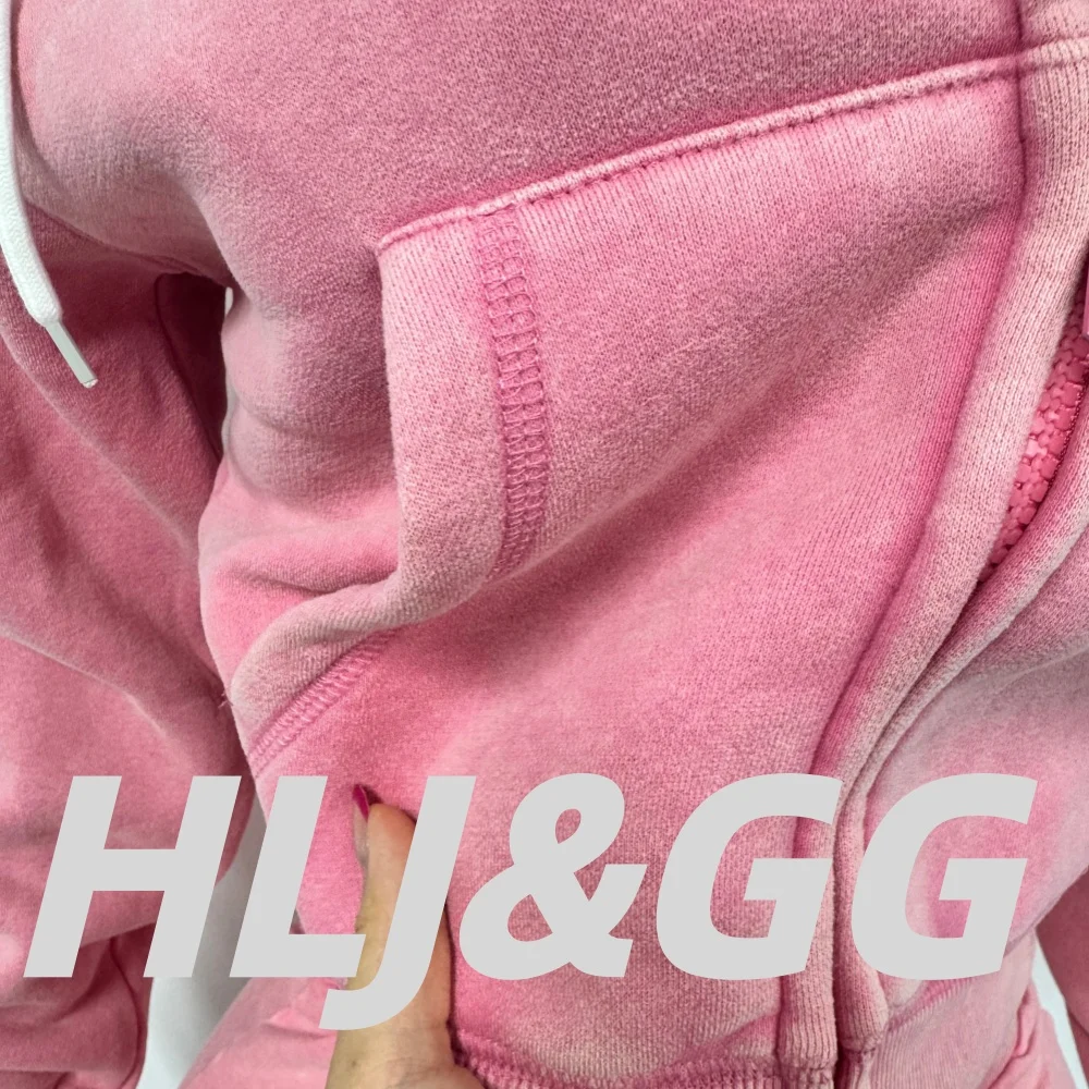 HLJ&GG High Quality Washed Casual Zip Hooded Two Piece Sets Women Long Sleeve Top+Biker Shorts Outfits Fashion Sporty Streetwear - Image 6