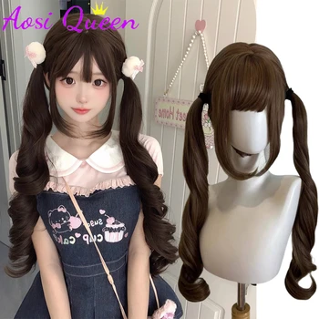 شعر بني طويل متموج الباروكات للنساء الشعر الطبيعي الاصطناعية لوليتا ذيل حصان مزدوج الرومانية مجعد الباروكات اليومية تأثيري مقاومة للحرارة
