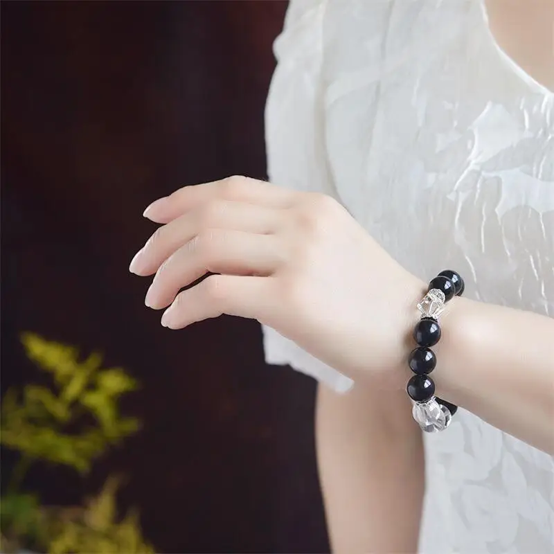 

12MM Natural Clear Quartz Black Obsidian Bead Bracelet Women Fashion Charm Crystal Healing Energy Gemstone Yoga Jewelry 1PCS