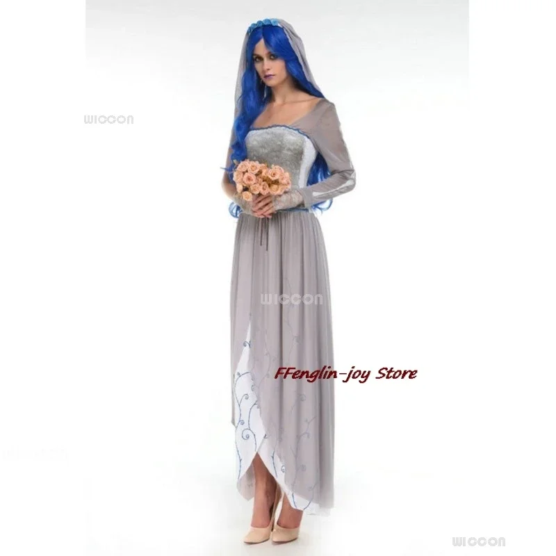 Masquerade Bride Emily Cosplay Costume Wig Zombie Ghost Halloween Party Dress up Women Scary Gothic Poor Wedding Dres@0Z*