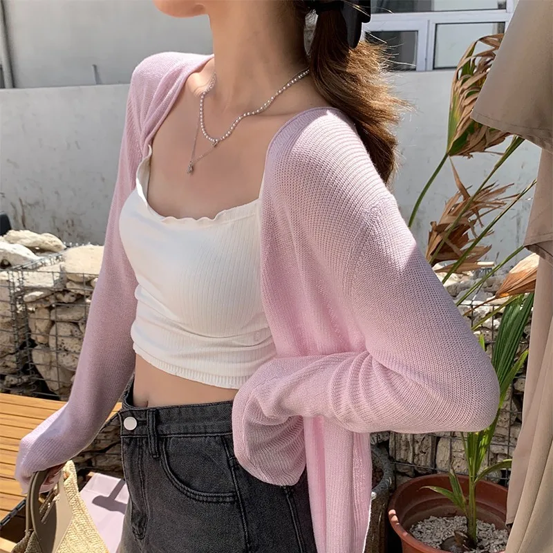 GAODINGLAN Summer Thin Knitted Cardigan Women Long Sleeve Ice Silk Sunscreen Shirt Female Solid Knitting Outwear Shawl Versatile