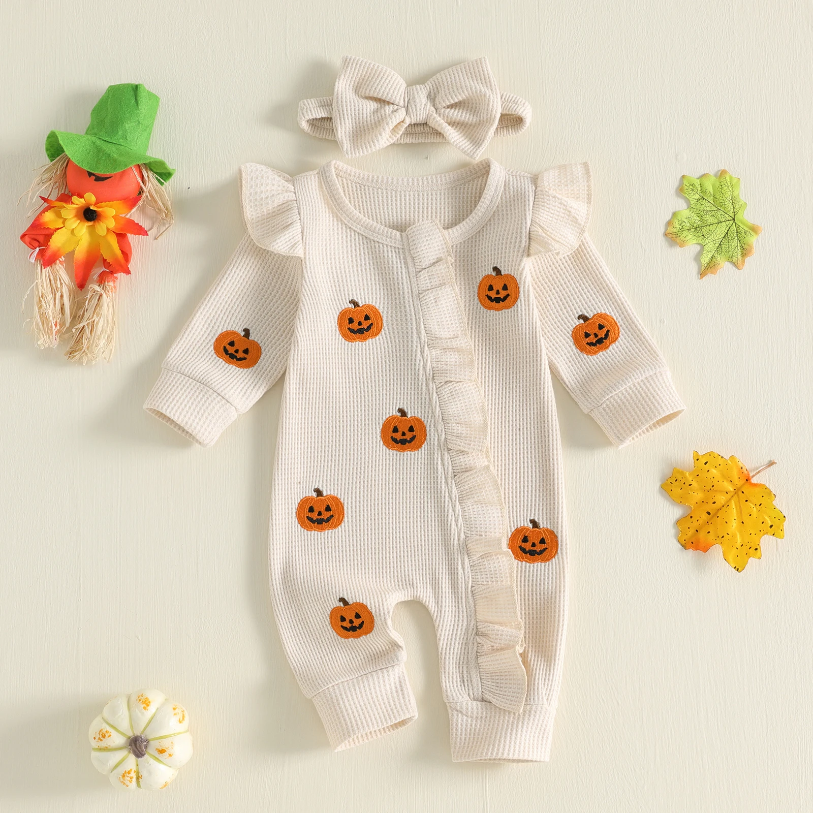 Baby Girls Fall Long Sleeve Waffles Romper Pumpkin Oblique Zipper Ruffles Jumpsuit Headband Halloween Costume
